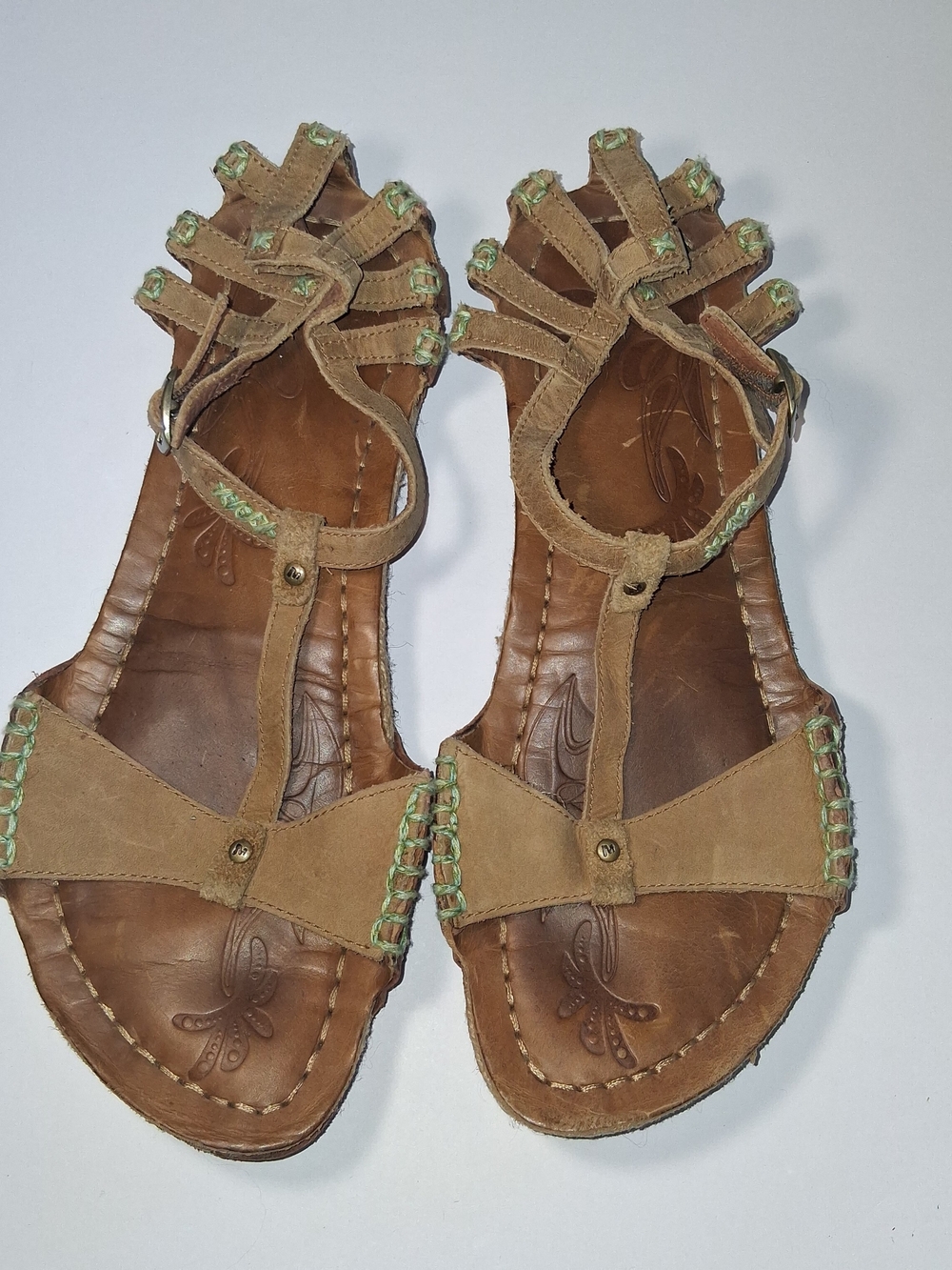Merrell Valetta's T-strap Gladiator Sandals w/Green Stitching Women's Size 9